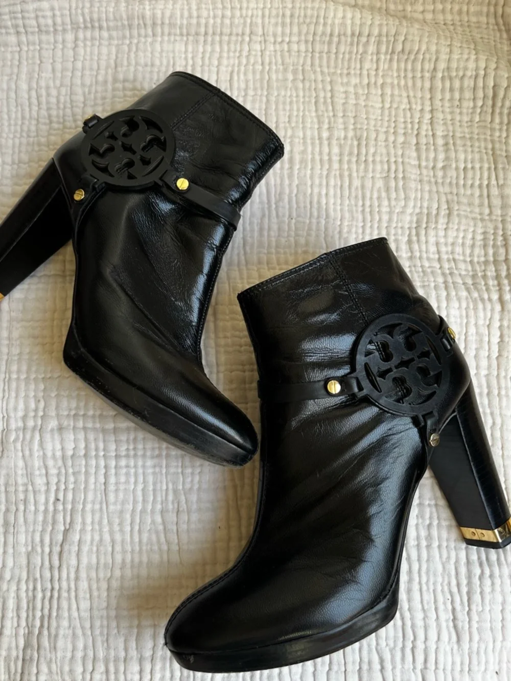 Tory Burch Black Gold Whitney Heeled Logo Ankle Boots Booties Size 10